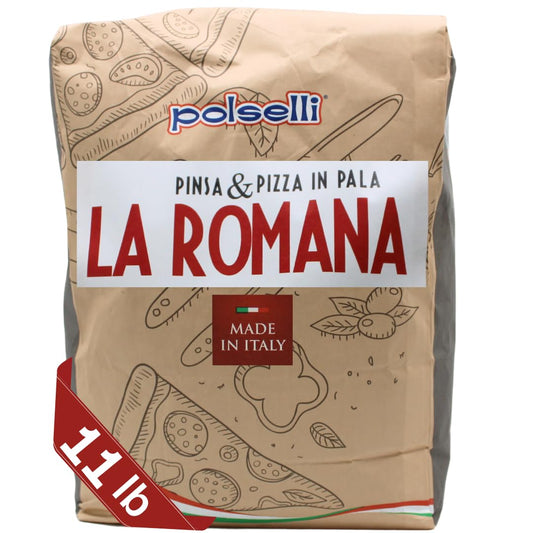 Packs of 'La Romana' pizza dough with 'polselli' branding on a beige background.