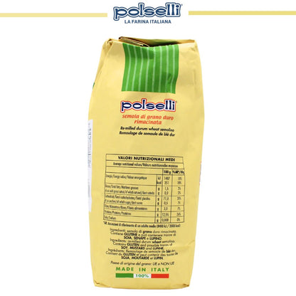 Yellow polselli pasta bag with nutritional information on a white background