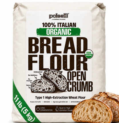Polselli Organic Bread Flour – Open Crumb is the professional-grade flour that transforms your kitchen into a true panificio. Milled from 100% certified organic Italian grain, this 5 kg bag is crafted for bakers who refuse to compromise on flavor, texture, or provenance.