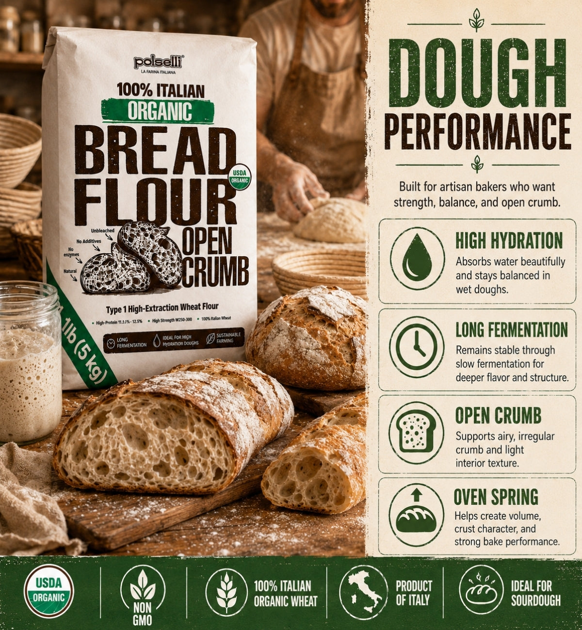 Polselli Organic Bread Flour – Open Crumb is the professional-grade flour that transforms your kitchen into a true panificio. Milled from 100% certified organic Italian grain, this 5 kg bag is crafted for bakers who refuse to compromise on flavor, texture, or provenance.