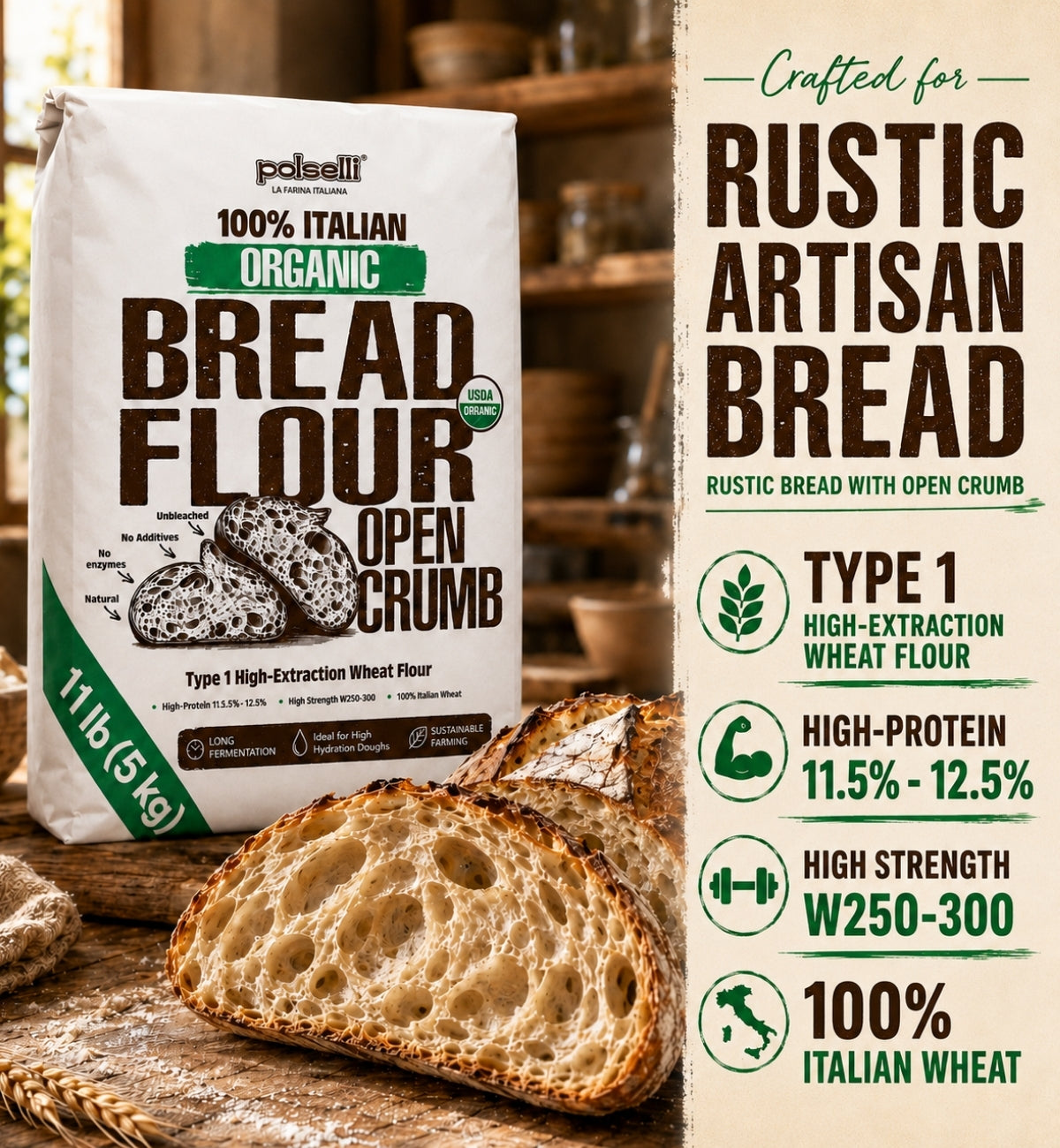 Polselli Organic Bread Flour – Open Crumb is the professional-grade flour that transforms your kitchen into a true panificio. Milled from 100% certified organic Italian grain, this 5 kg bag is crafted for bakers who refuse to compromise on flavor, texture, or provenance.