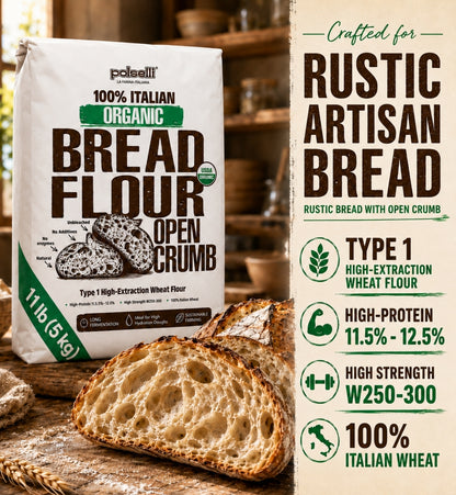 Polselli Organic Bread Flour – Open Crumb is the professional-grade flour that transforms your kitchen into a true panificio. Milled from 100% certified organic Italian grain, this 5 kg bag is crafted for bakers who refuse to compromise on flavor, texture, or provenance.