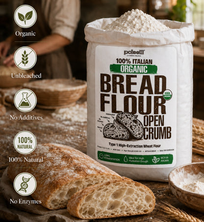 Polselli Organic Bread Flour – Open Crumb is the professional-grade flour that transforms your kitchen into a true panificio. Milled from 100% certified organic Italian grain, this 5 kg bag is crafted for bakers who refuse to compromise on flavor, texture, or provenance.