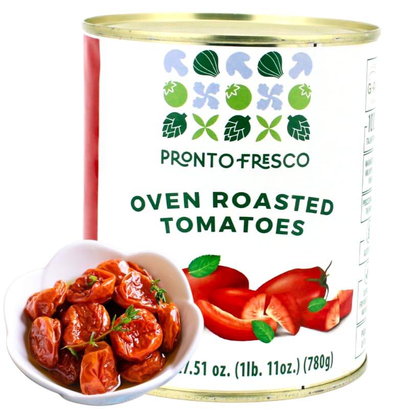 Front view of Pronto Fresco Oven Roasted Tomatoes 27.5 oz (780 g) can showing product name and serving suggestion.