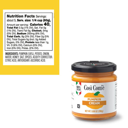 Jar of Cosi Comé Pumpkin Cream with nutrition label on a white background