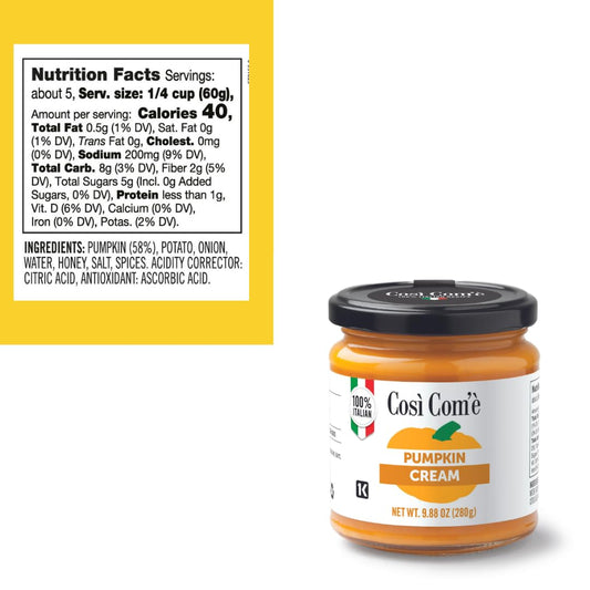 Jar of Cosi Comé Pumpkin Cream with nutrition label on a white background