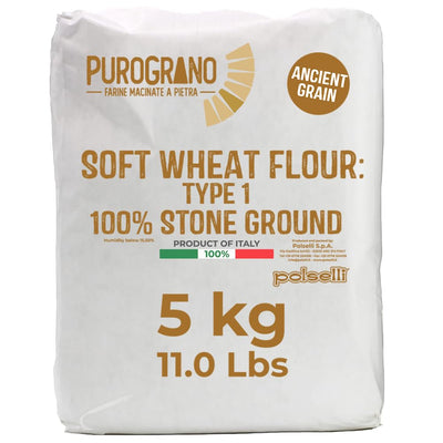 Bag of Purograno soft wheat flour on a white background