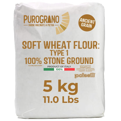 Bag of Purograno soft wheat flour on a white background