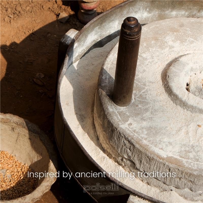 Traditional stone millstone with a handle, inspired by ancient milling traditions, on a rustic background.