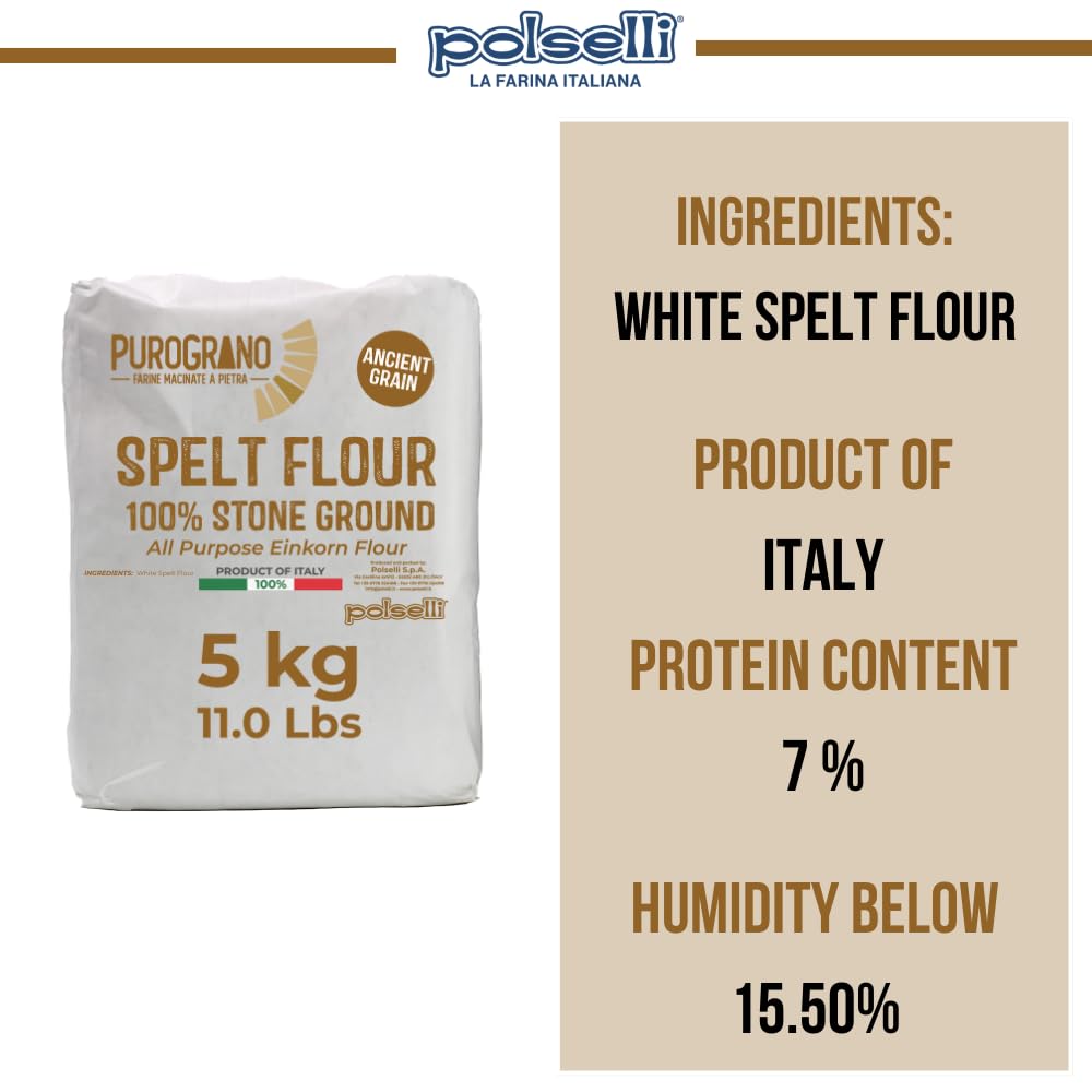 Bag of Purograno Spelt Flour  farro flour with product details on a beige background