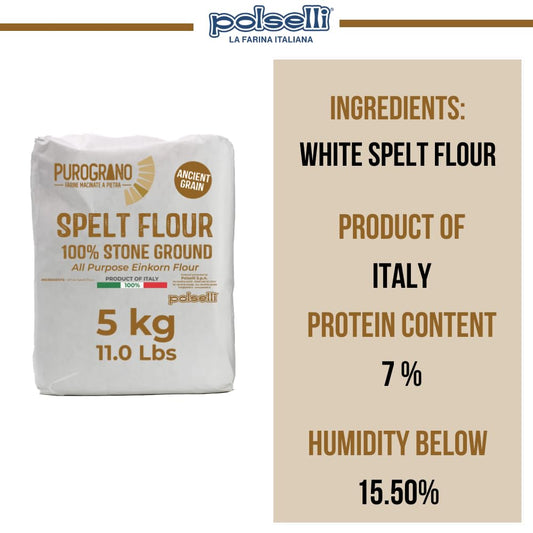 Bag of Purograno Spelt Flour  farro flour with product details on a beige background