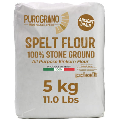 Bag of Polselli  Purograno spelt flour, farro flour on a white background