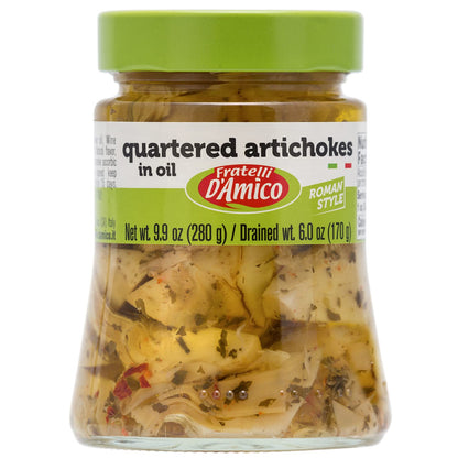 Jar of Fratelli D’Amico quartered artichokes in oil Roman style 280g authentic Italian antipasto
