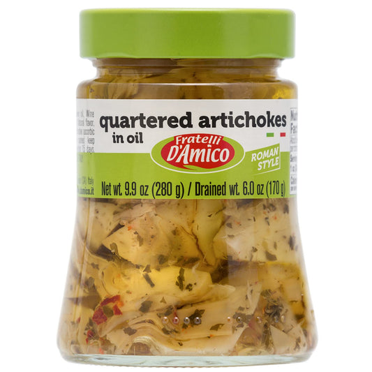 Jar of Fratelli D’Amico quartered artichokes in oil Roman style 280g authentic Italian antipasto