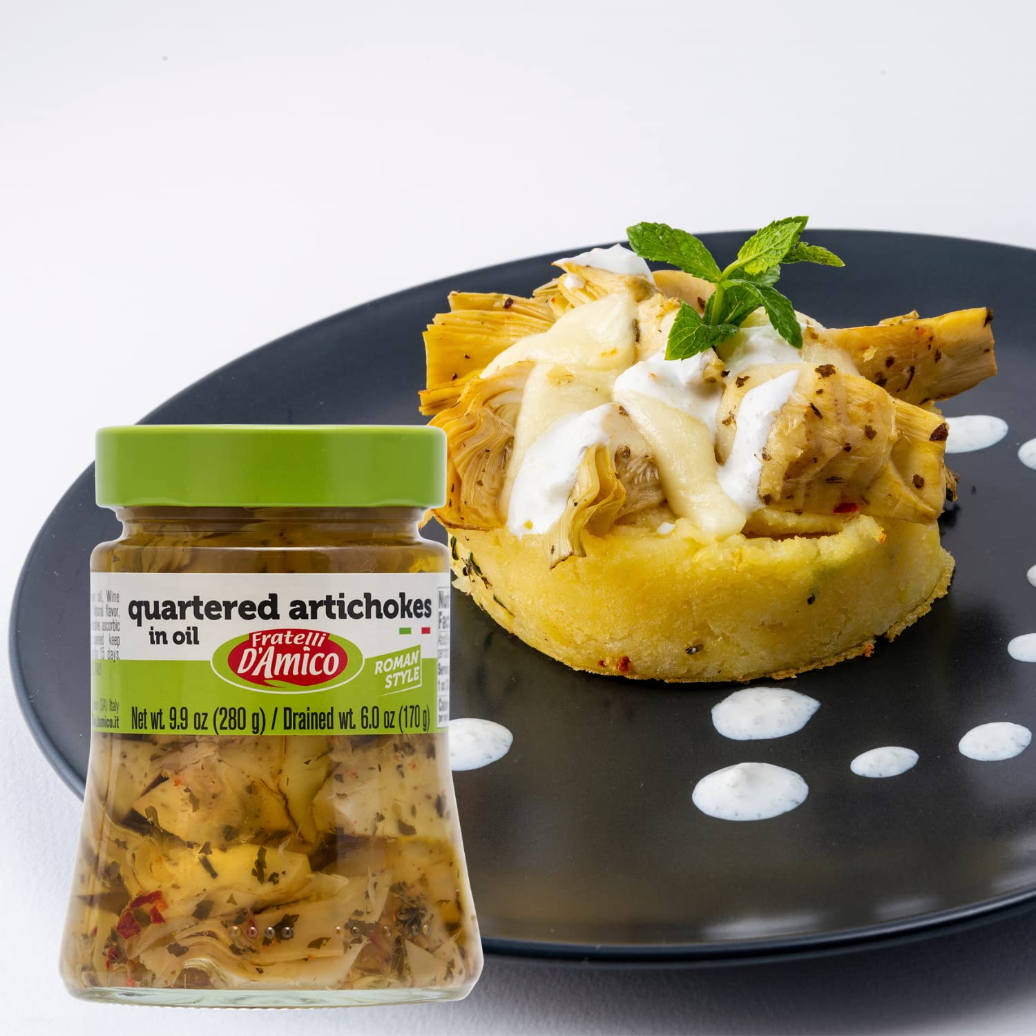Jar of Fratelli D’Amico quartered artichokes in oil Roman style 280g authentic Italian antipasto