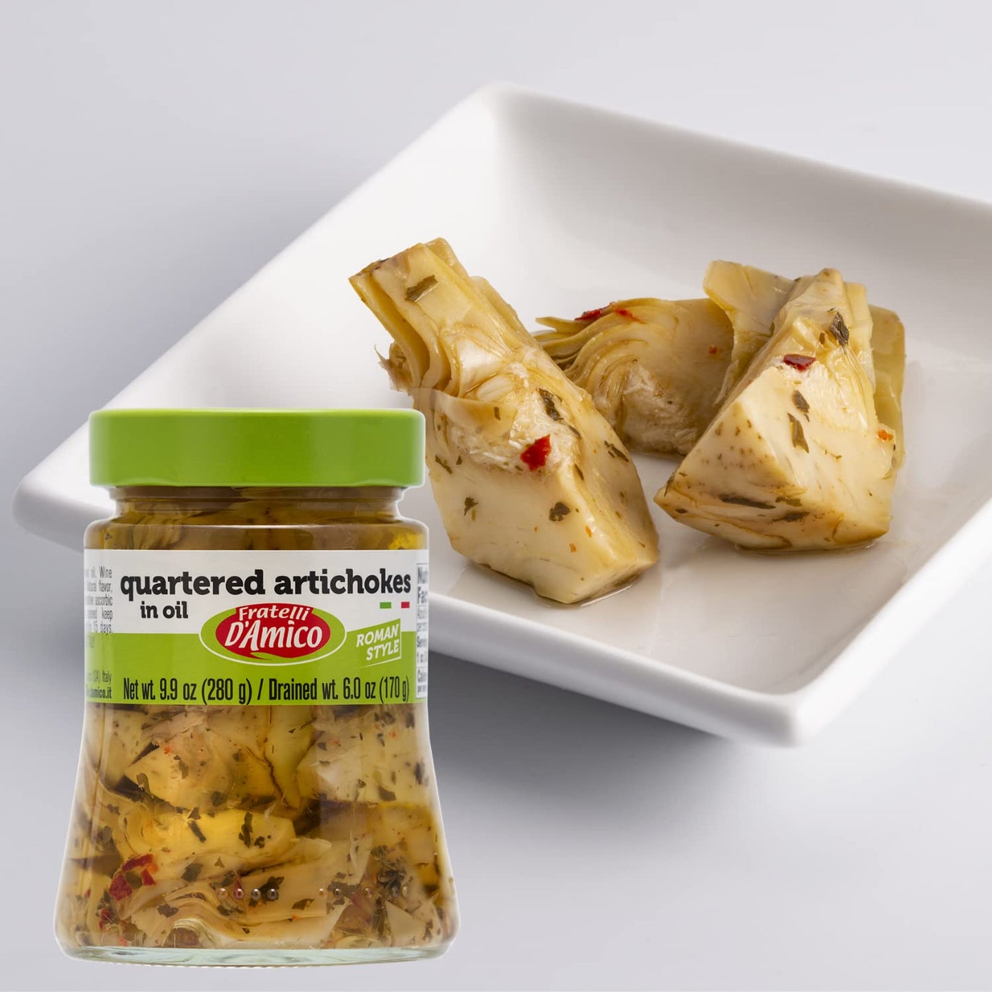 Jar of Fratelli D’Amico quartered artichokes in oil Roman style 280g authentic Italian antipasto
