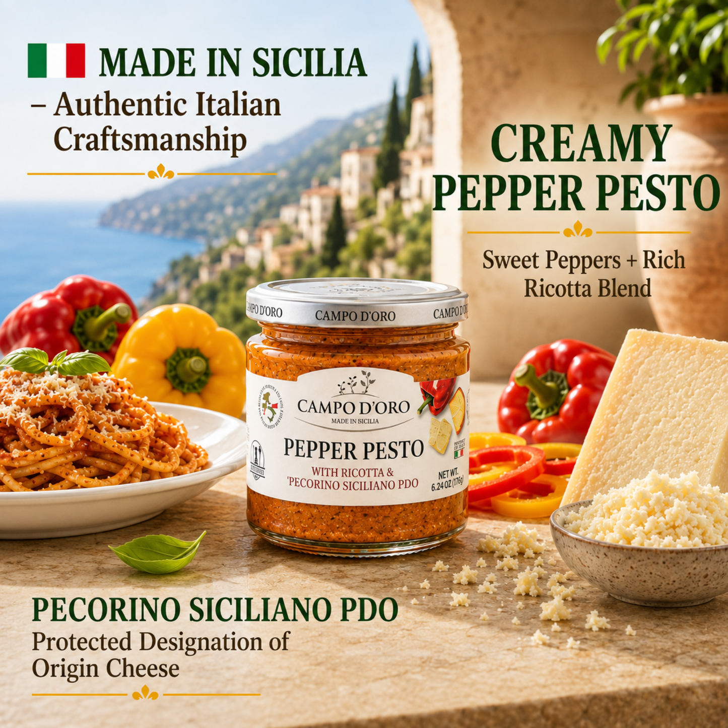 Campo D'Oro, Pepper and Ricotta Pesto with Pecorino, 6.35oz