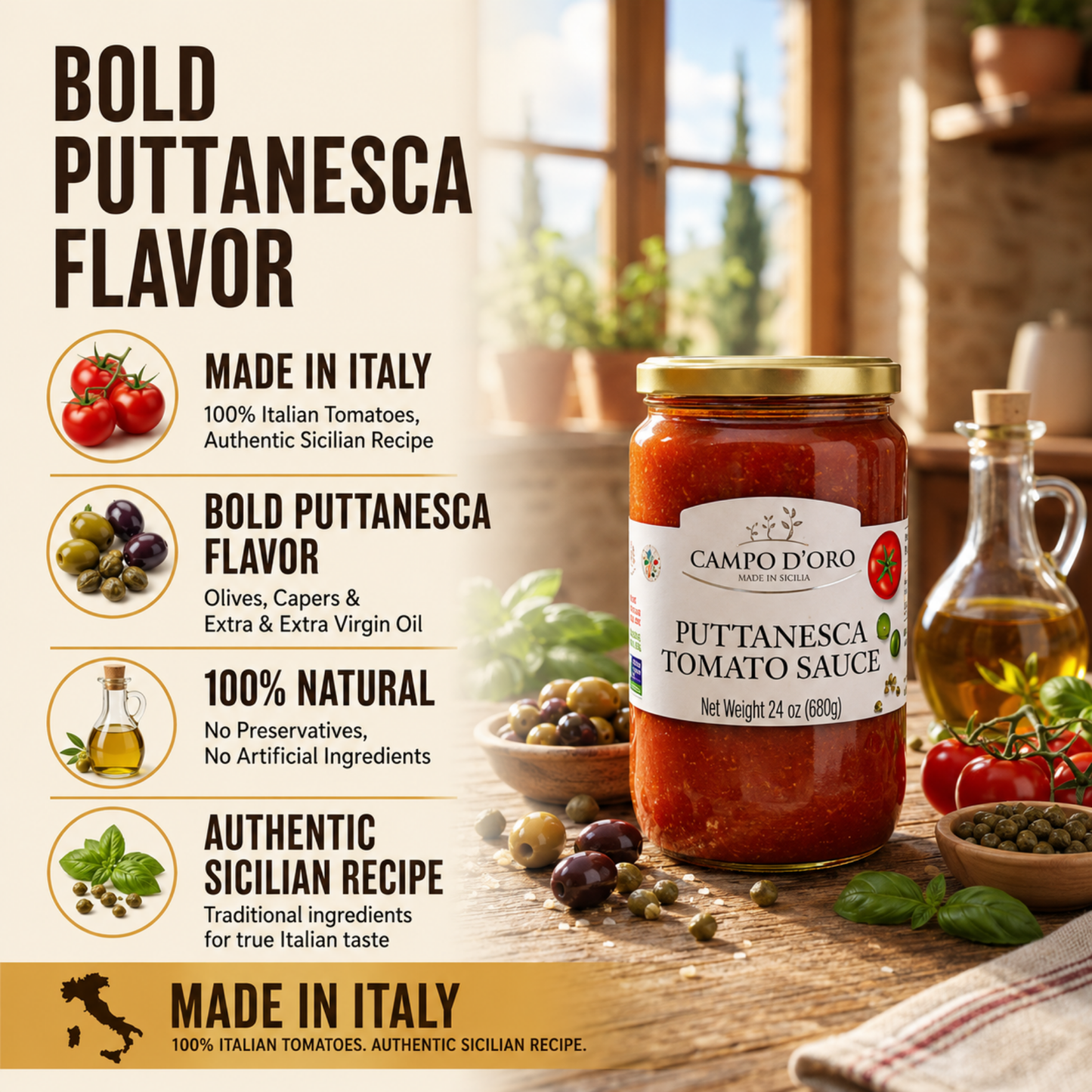 Campo D'Oro, Puttanesca Tomato Sauce, 24 oz