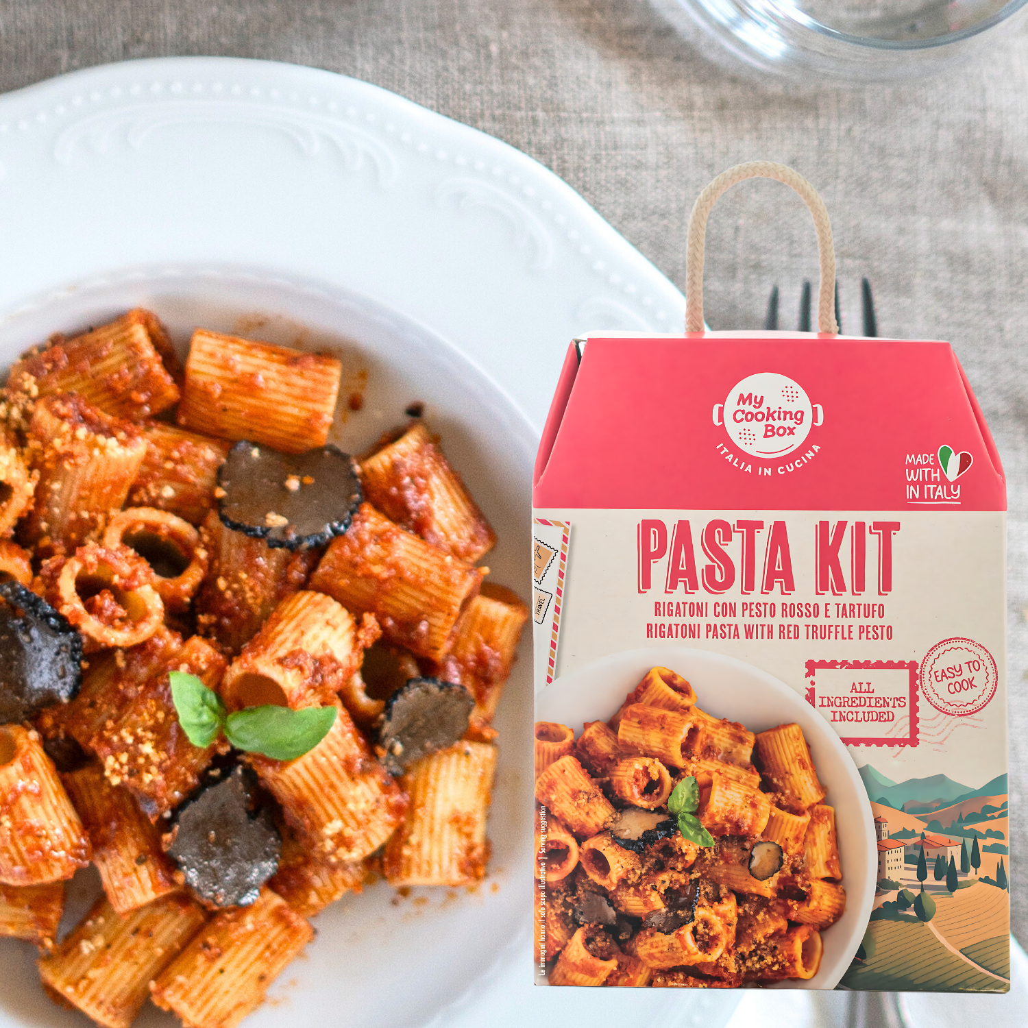 My Cooking Box Pasta Meal Kit, Rigatoni with Red Pesto & Truffles, Gourmet Dinner Recipe, Product of Italy, Pre-Portioned for 2 Servings, My Cooking Box