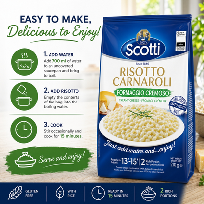 A package of Scotti Risotto Carnaroli pasta shown on a bright kitchen-style background with instructional text and icons explaining how to make it. The package is dark blue and white with green accents and a bowl of creamy risotto on the front.