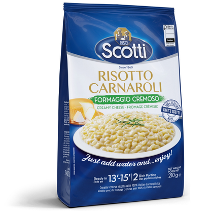 A 210g bag of Scotti Risotto Carnaroli creamy cheese risotto pasta, featuring a blue and white package with a bowl of prepared risotto on the front.