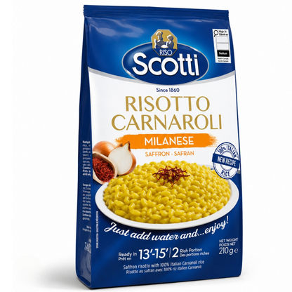 A 210g bag of Riso Scotti Risotto Carnaroli Milanesse, featuring a blue and white package with a photo of the prepared yellow rice dish on a white background.