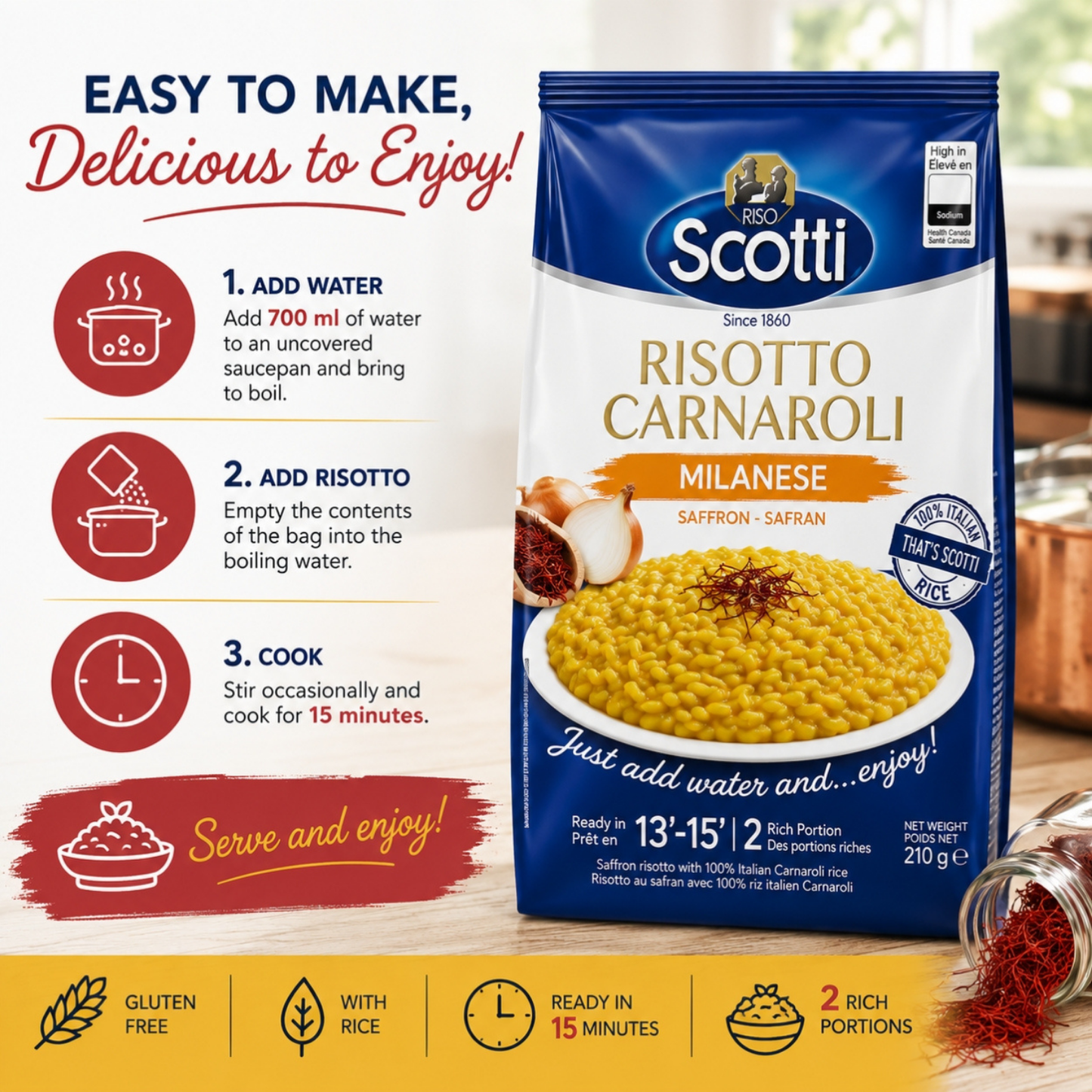 A package of Scotti Risotto Carnaroli Milanese saffron and saffran risotto, shown next to a step-by-step cooking guide on a warm, rustic background. The package is blue and white with a photo of the prepared yellow risotto.