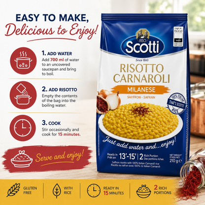 A package of Scotti Risotto Carnaroli Milanese saffron and saffran risotto, shown next to a step-by-step cooking guide on a warm, rustic background. The package is blue and white with a photo of the prepared yellow risotto.