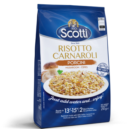 A 200g bag of Scotti Risotto Carnaroli Porcini Mushroom-Ceps risotto pasta, featuring a blue and white package with an image of the prepared dish.