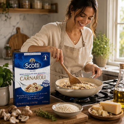 A woman in a cream sweater and beige apron stirs a pan of pasta on a kitchen stove, with a blue box of Scotti Carnaroli pasta prominently displayed beside her. The kitchen scene includes mushrooms, cheese, a bottle of olive oil, and fresh herbs on a wooden cutting board.