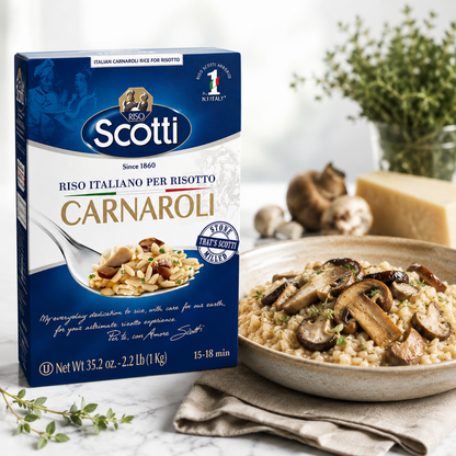 Scotti Carnaroli rice for risotto in a blue and white box shown next to a prepared bowl of mushroom and herb risotto, with mushrooms, cheese, and herbs arranged on a light surface.