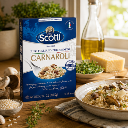 A box of Scotti Riso Italiano Per Risotto Carnaroli is displayed on a wooden table in a kitchen setting, surrounded by a prepared bowl of risotto, fresh herbs, a bottle of olive oil, and a block of cheese.