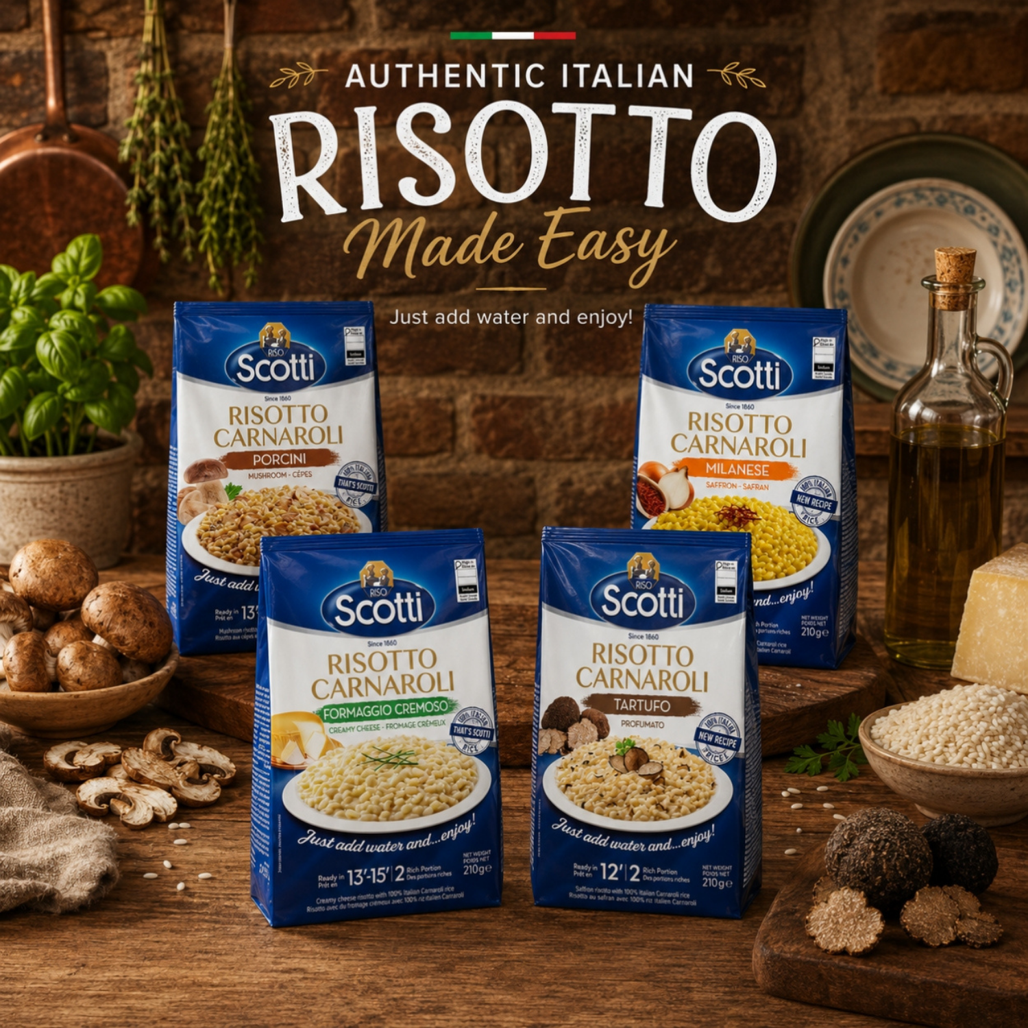 Four boxes of Scotti Risotto Carnaroli pasta arranged on a rustic wooden table with Italian cooking ingredients including mushrooms, basil, olive oil, and cheese. The background is a warm brick wall with the text 'AUTHENTIC ITALIAN RISOTTO Made Easy' at the top.