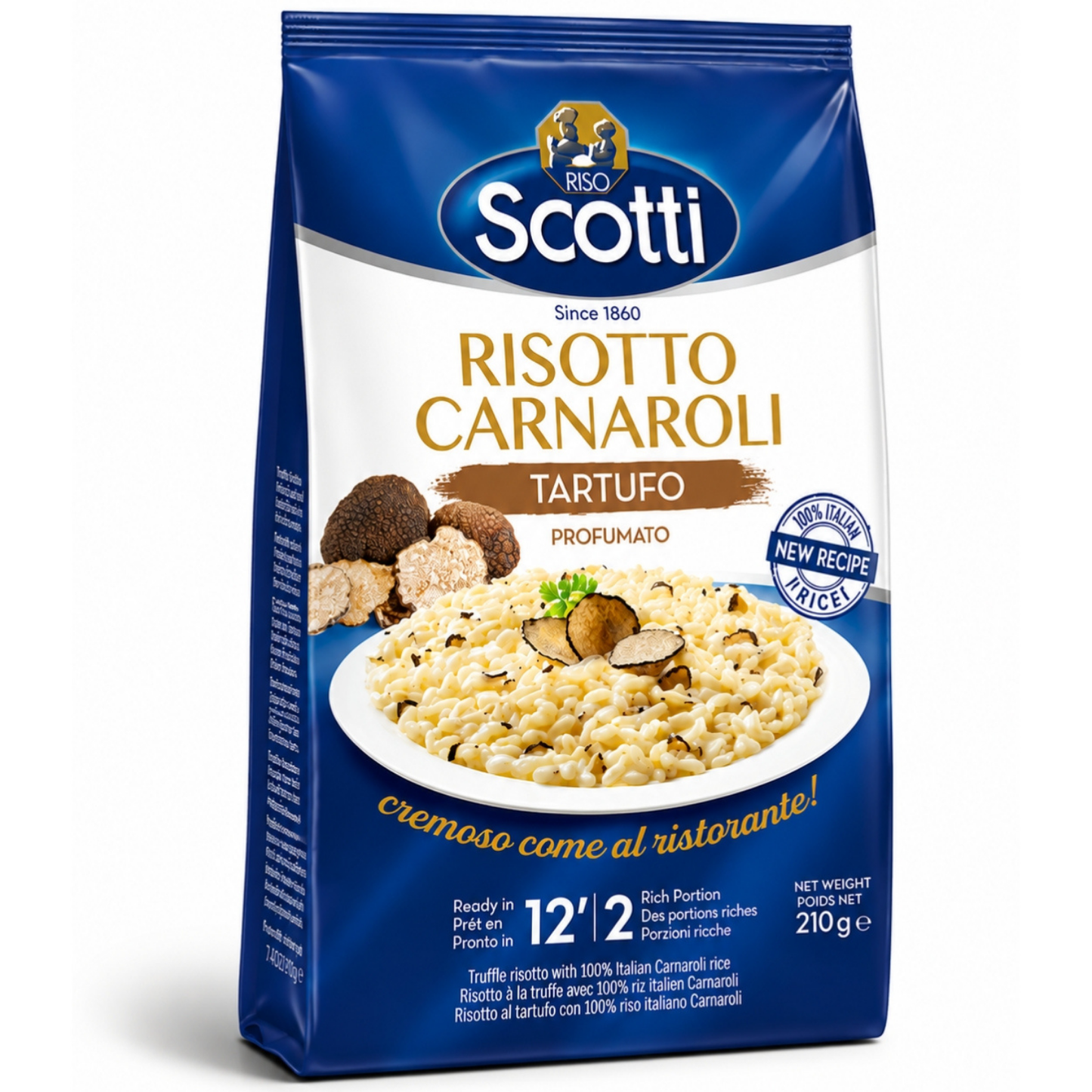 A 210g bag of Scotti Risotto Carnaroli Tartufo Profumato risotto mix, featuring a blue and white package with a bowl of creamy risotto and truffles on the front.