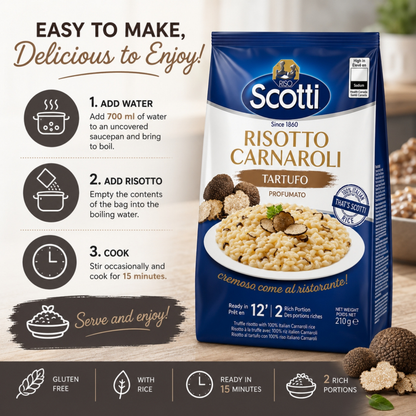 Scotti Risotto Carnaroli Tartufo Profumato rice dish packaging shown next to step-by-step cooking instructions on a warm beige background with food props.