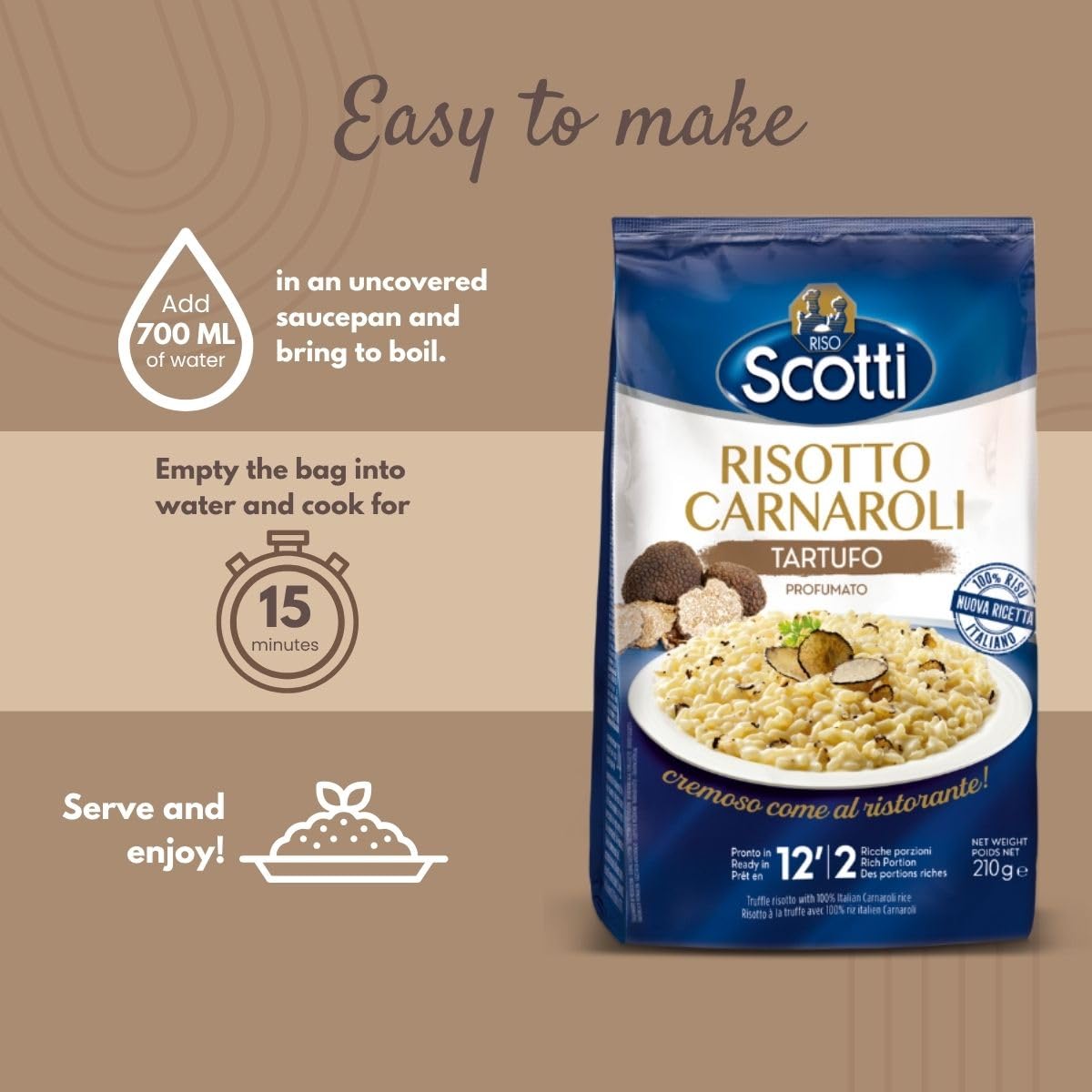 Pack of Riso Scotti Carnaroli truffle risotto 210g ready in 15 minutes authentic Italian gourmet risotto with truffle flavor

