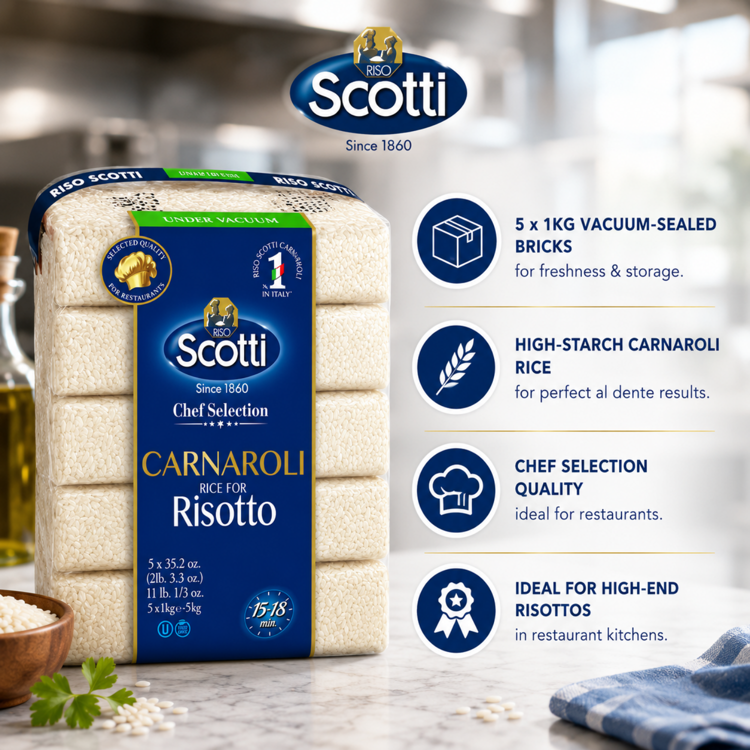 A package of Scotti Chef Selection Carnaroli Rice for Risotto shown on a kitchen counter, with product benefits listed on the right side. The package is vacuum-sealed and features a dark blue label with gold and white text.