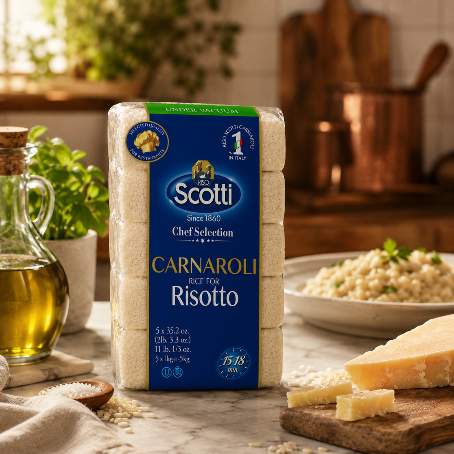 A package of Scotti Carnaroli Rice for Risotto stands on a kitchen counter, surrounded by culinary props including a bottle of olive oil, fresh parsley, a bowl of risotto, and a wedge of Parmesan cheese.