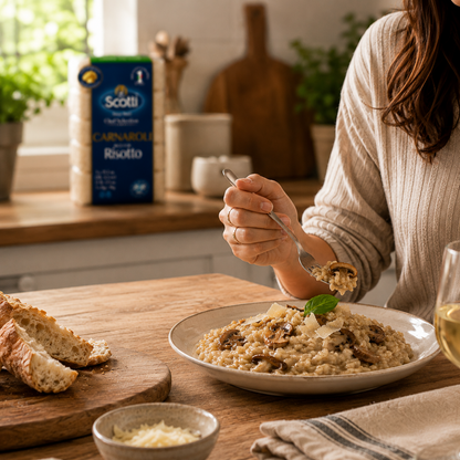 A woman in a beige sweater sits at a wooden table in a warm kitchen setting, eating from a plate of risotto with mushrooms and parmesan. A bag of Scotti arborio Risotto is visible on the counter in the background, along with bread, a small bowl of cheese, and a glass of white wine.