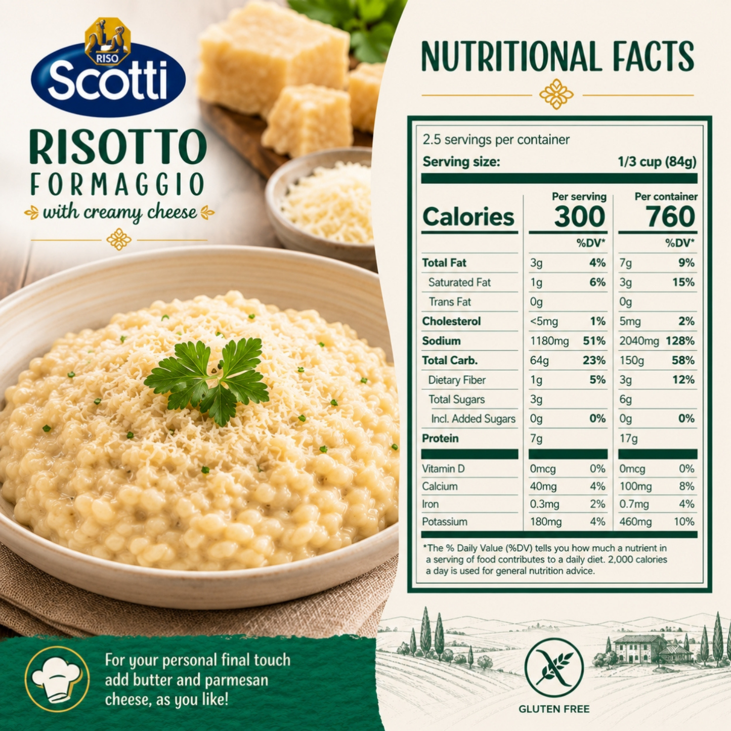 Scotti Risotto Formaggio with creamy cheese packaging graphic featuring a bowl of creamy risotto, cheese wheels, and a prominent nutritional facts panel on a light background.