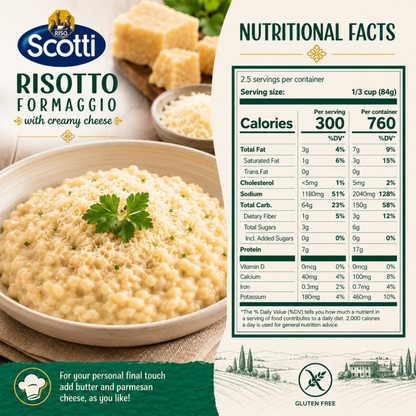 Scotti Risotto Formaggio with creamy cheese packaging graphic featuring a bowl of creamy risotto, cheese wheels, and a prominent nutritional facts panel on a light background.