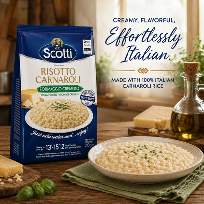 A bag of Scotti Risotto Carnaroli pasta is shown next to a bowl of creamy risotto and Italian food props on a rustic wooden table, with promotional text on the right.