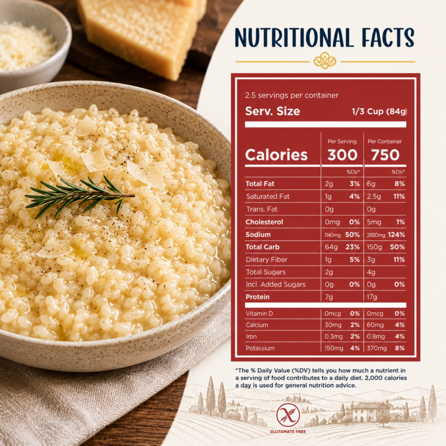 A food nutrition facts graphic for a creamy pearl barley or couscous dish in a beige bowl, with a large red Nutrition Facts panel on the right and cheese wedges in the background.