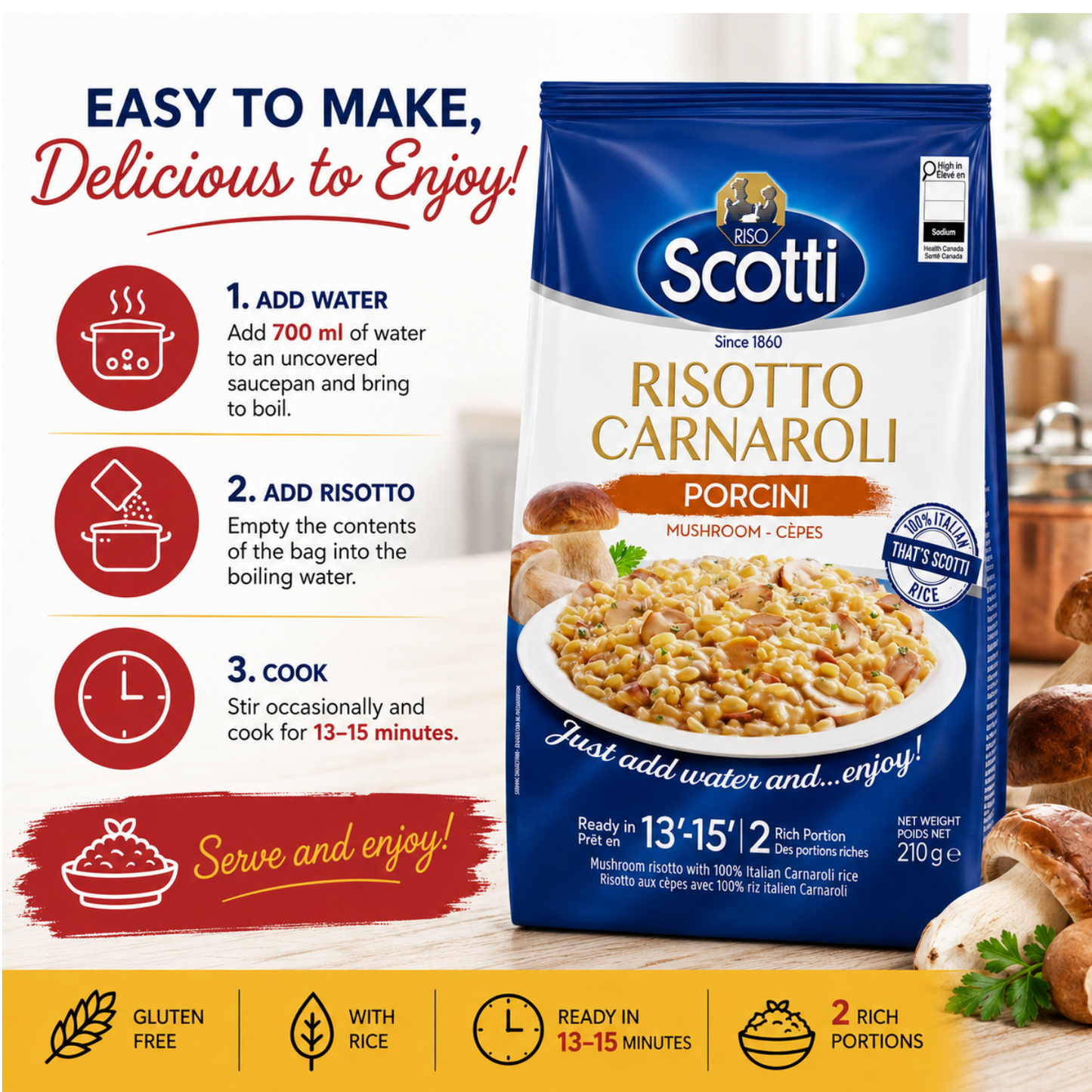 A bag of Scotti Risotto Carnaroli rice pasta stands on a kitchen counter with a blurred kitchen scene behind it. The package is blue and white with a photo of prepared rice on the front.