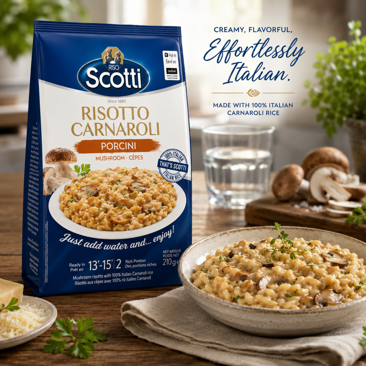 A bag of Scotti Risotto Carnaroli Porcini mushroom cépes rice stands on a wooden table beside a bowl of prepared risotto, sliced mushrooms, a glass of water, and Italian herbs. The package is blue and white with product text, and the scene is styled as a kitchen or dining setting.