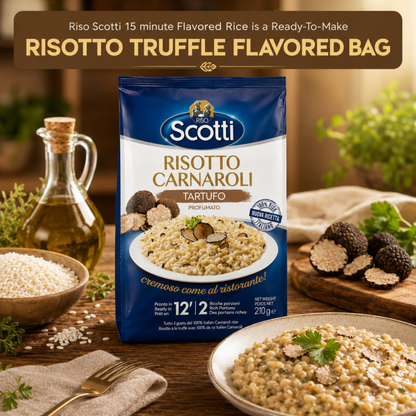 A package of Riso Scotti Risotto Carnaroli Tartufo flavored rice stands on a wooden table surrounded by food props, including a bottle of olive oil, rice, truffles, and a prepared rice dish. A brown banner at the top reads 'RISOTTO TRUFFLE FLAVORED BAG'.