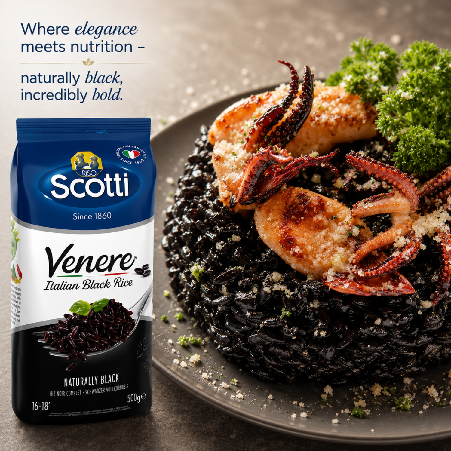 A 500g bag of Scotti Veneře Italian Black Rice stands next to a plated dish of cooked black rice with grilled octopus, chicken, parmesan cheese, and parsley on a gray plate, with marketing text in the upper left.