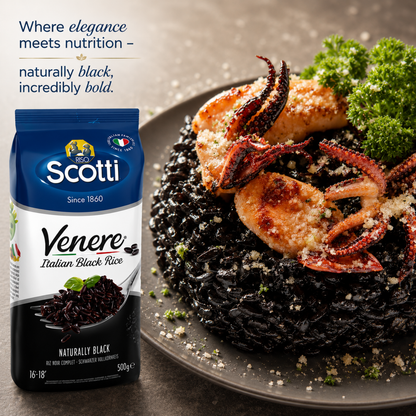 A 500g bag of Scotti Veneře Italian Black Rice stands next to a plated dish of cooked black rice with grilled octopus, chicken, parmesan cheese, and parsley on a gray plate, with marketing text in the upper left.