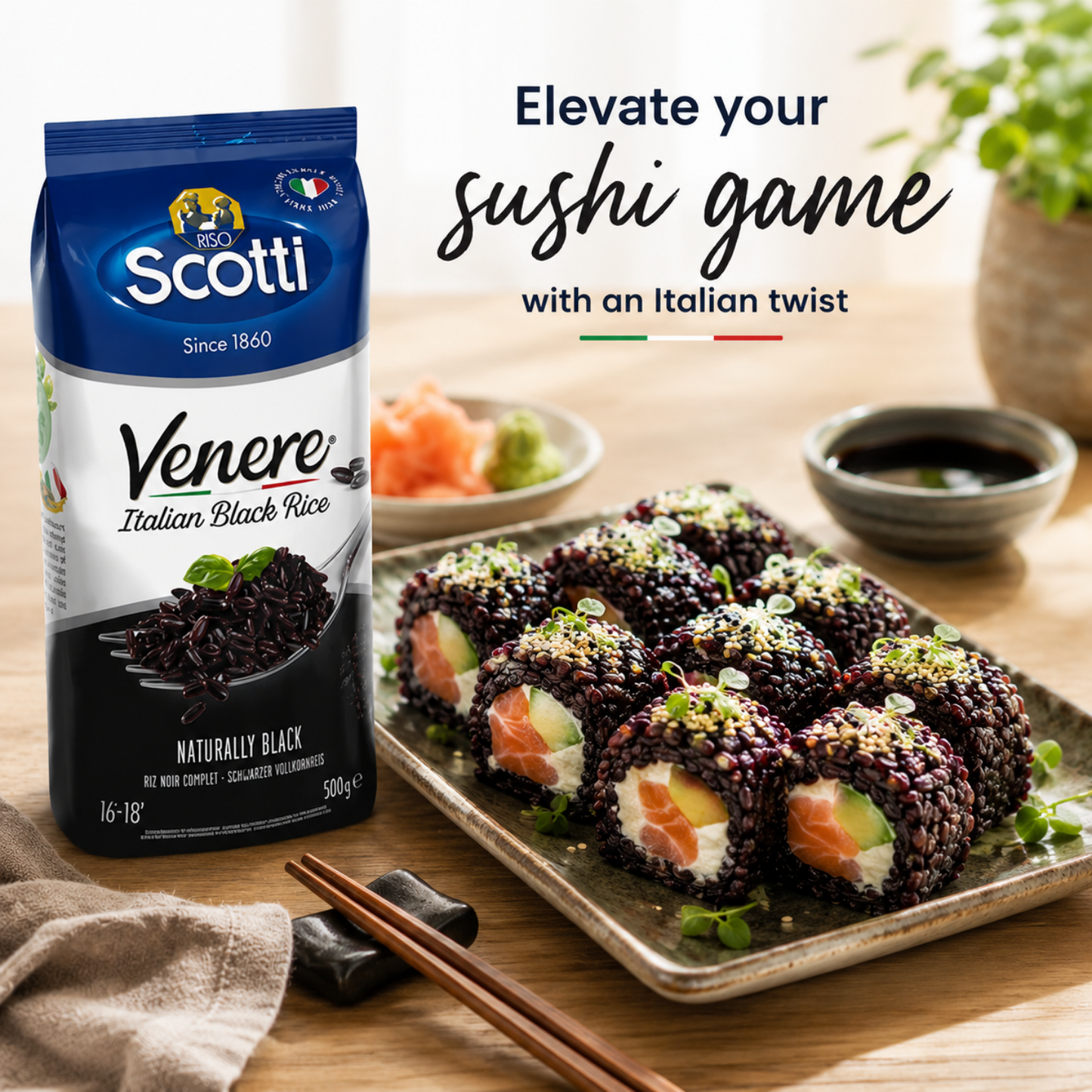 A bag of Scotti Venice Italian Black Rice stands beside a plated serving of sushi rolls filled with salmon and avocado on a wooden table, with chopsticks, a small bowl of sauce, and decorative text reading 'Elevate your sushi game with an Italian twist.'.