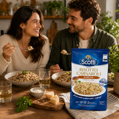 A man and woman sitting at a wooden table eating pasta, with a bag of Scotti Risotto Carnaroli Popcorn in the foreground on a striped cloth.